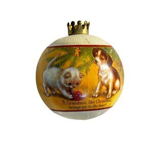 Vintage Hallmark Keepsake Grandson 1983 Satin Ornament Dog & Cat